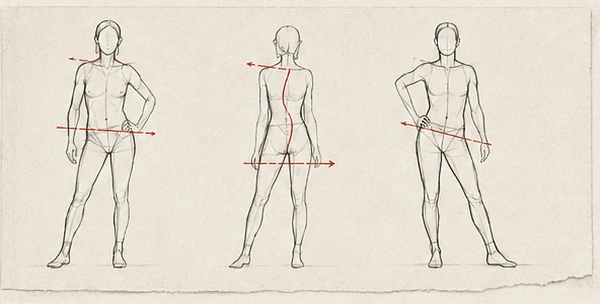Three figures showing how, when weight rests on one leg, the hip rises on that side and the shoulders tilt the opposite way.